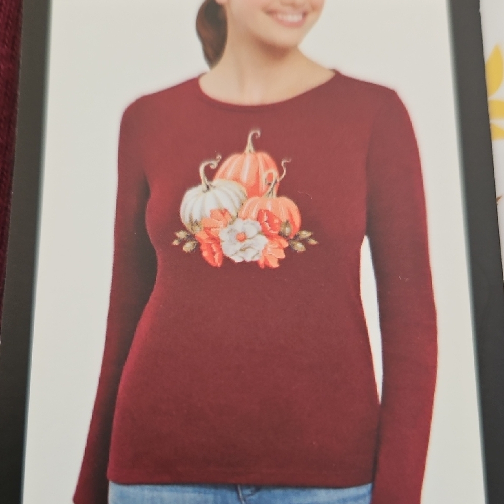 Jones New York Burgundy Long Sleeve Tee with Pumpkin Design